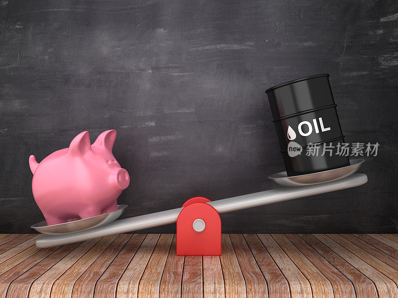 跷跷板规模与油箱和小猪银行在黑板背景- 3D渲染